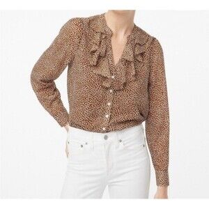 J. Crew Women's  SET 2 piec  brown Polka Dot  Up Ruffle Blouse  and skirt  SZ XS
